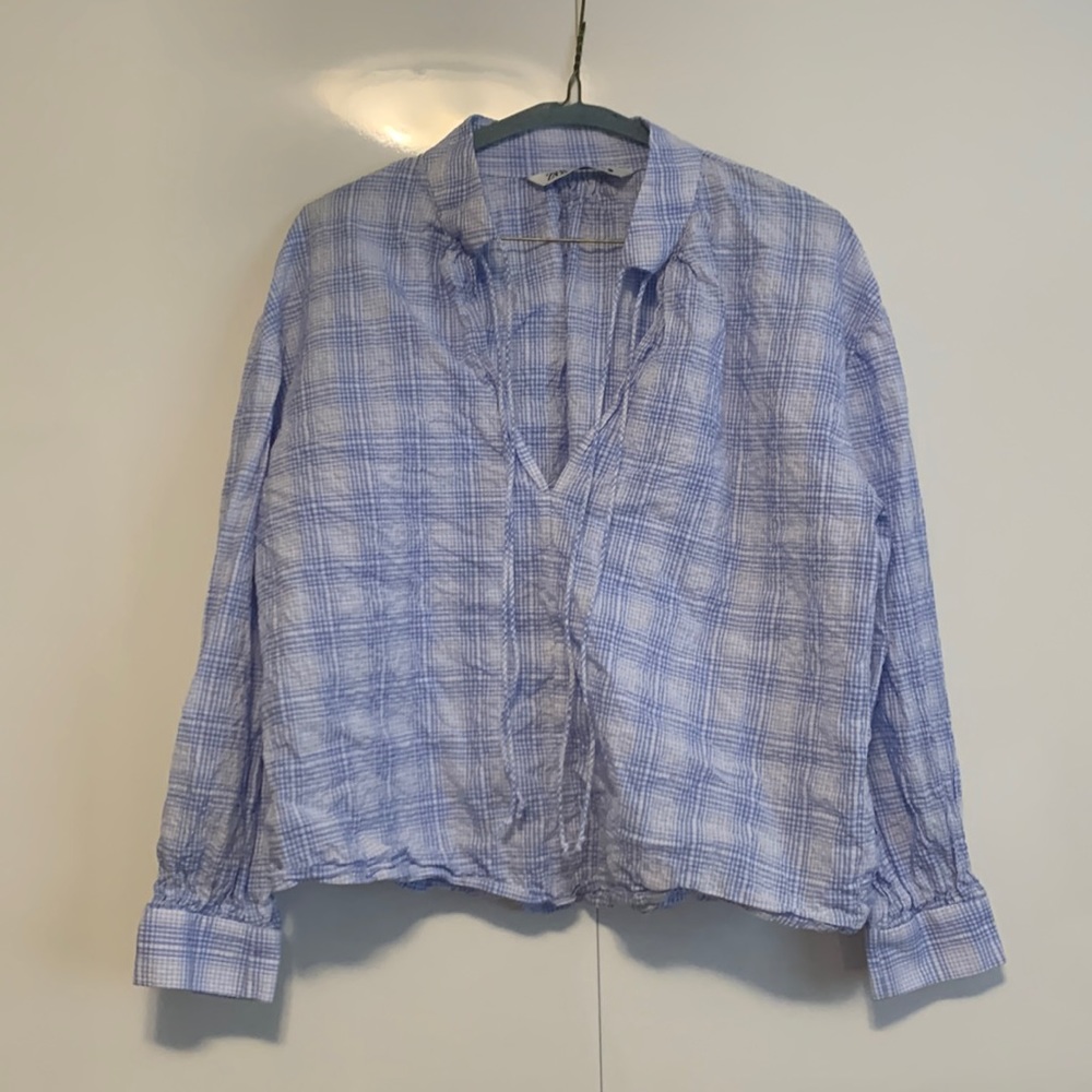 Zara blue white plaid prairie tie top xs